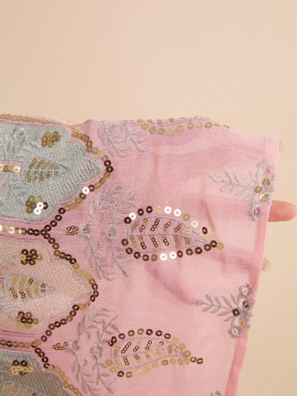 Pink Elegant Women's Chiffon Maxi Skirt With Bead And Thread Embroidery - Picture 6 of 6